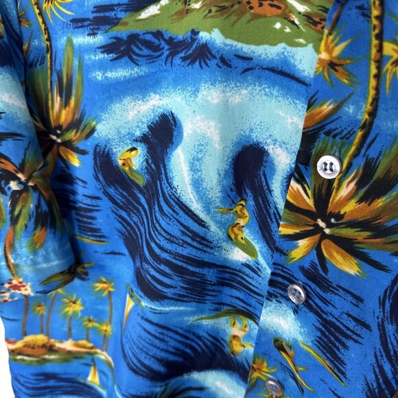 VTG Van Cort Hawaiian Shirt M 15-15.5 Blue Tropical Surf Boat Print Korea 70s - Picture 2 of 4